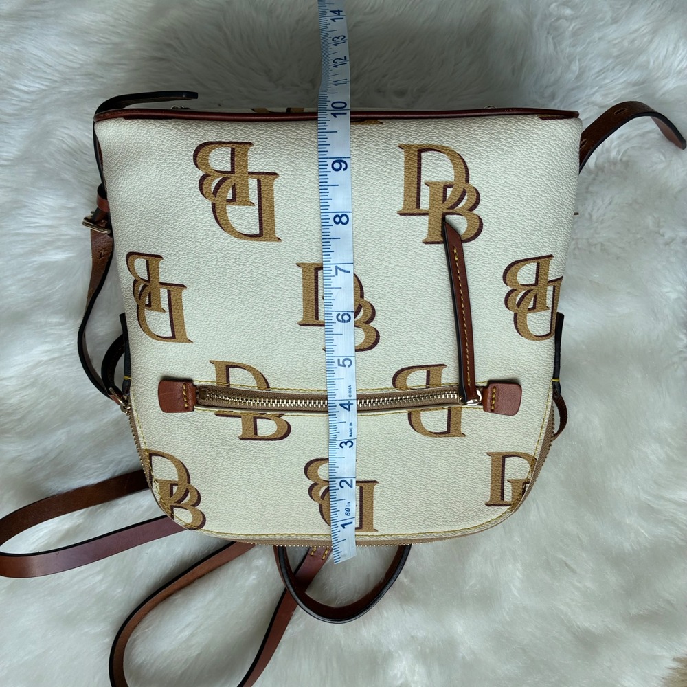 Dooney & Bourke Monogram Cream Tan Leather Trim Gold hardware Backpack Bag - Picture 9 of 16